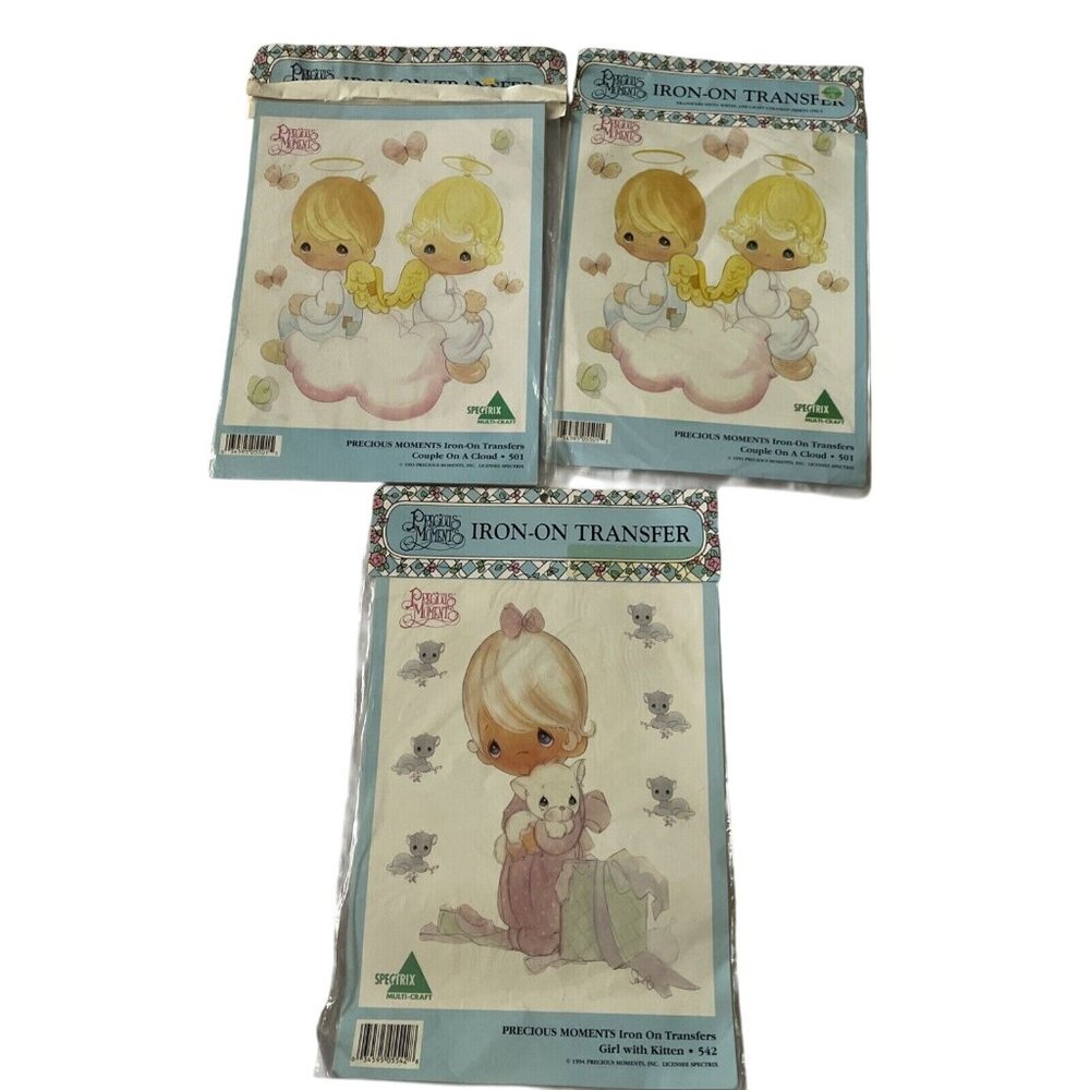 Precious Moments Iron-On Transfers Girl With Kitten & Couple On A Cloud Designs